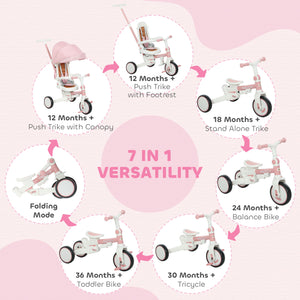 Tricycle 7 en 1 avec harnais de sécurité, poignée parentale réglable et amovible, rose