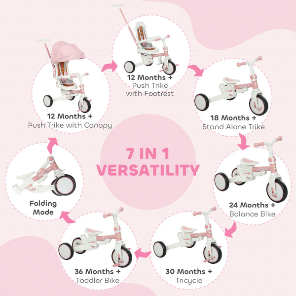 Tricycle 7 en 1 avec harnais de sécurité, poignée parentale réglable et amovible, rose