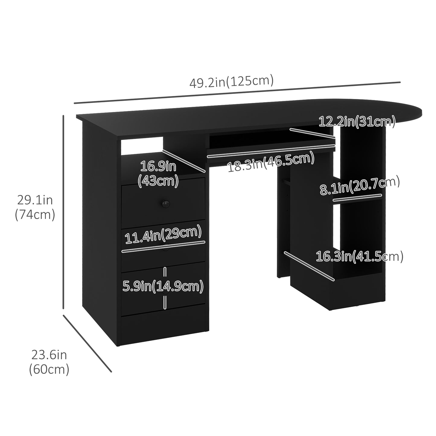 Bureau d'ordinateur avec étagères et tiroirs, plateau pour clavier, noir
