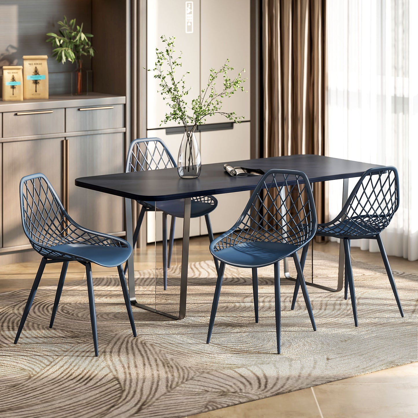 Lot de 4 chaises de salle à manger modernes en plastique avec dossier creux et pieds en métal, bleu