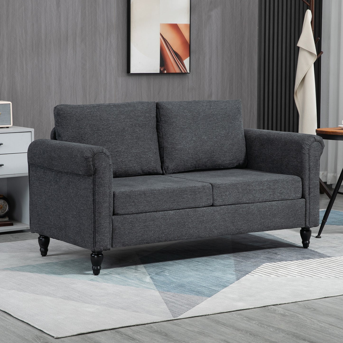 Vintage 2-seater upholstered sofa, chenille fabric, rolled armrests, rubberwood legs, dark grey