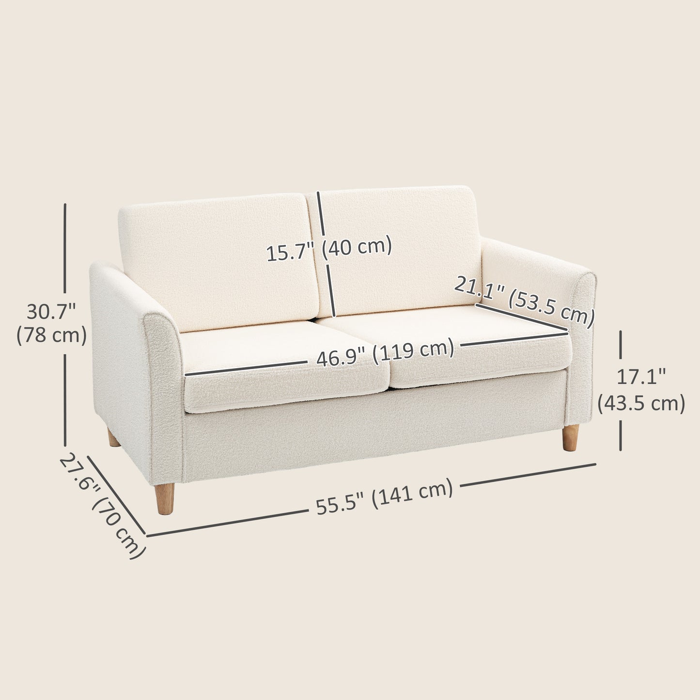 Canapé 2 places avec accoudoirs et pieds en bois pour salon, chambre, blanc crème