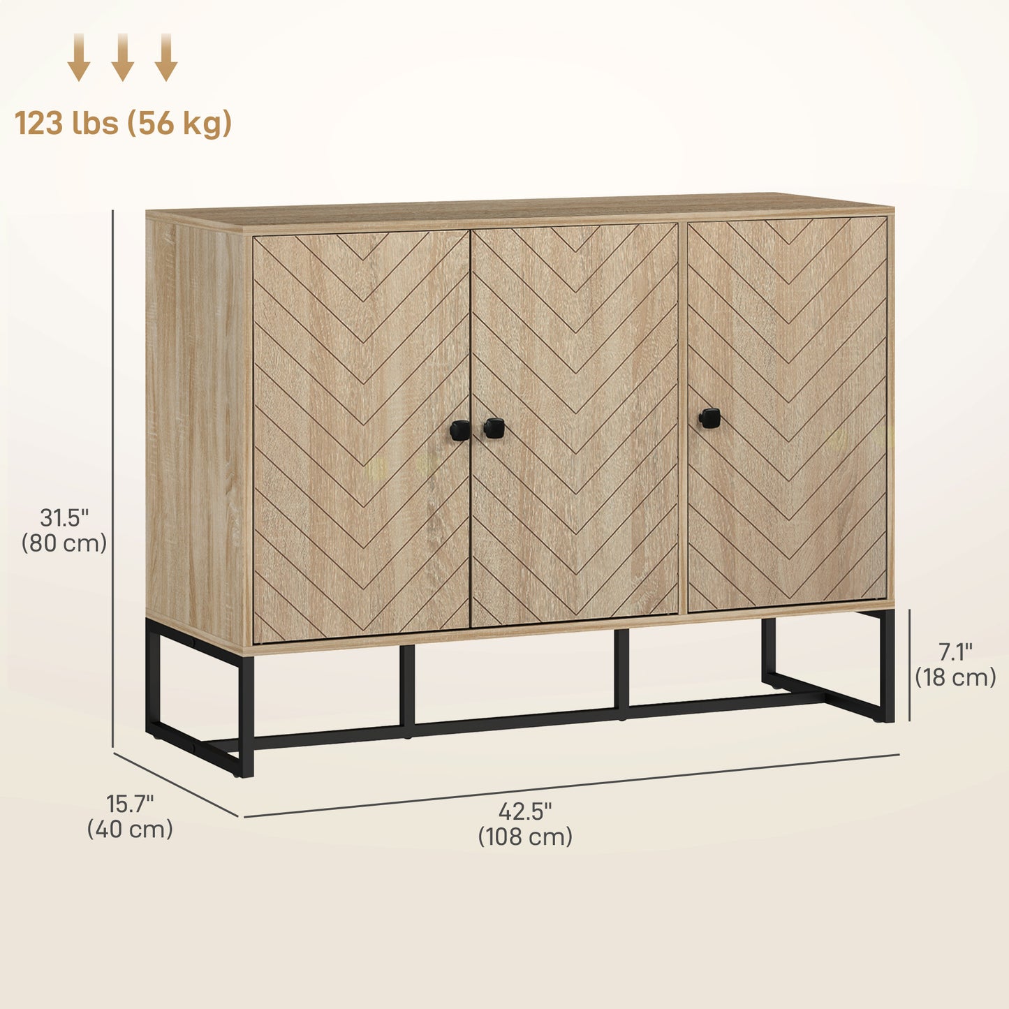 Buffet moderne avec étagères réglables, 3 portes à chevrons pour salon, couloir, grain de bois de chêne