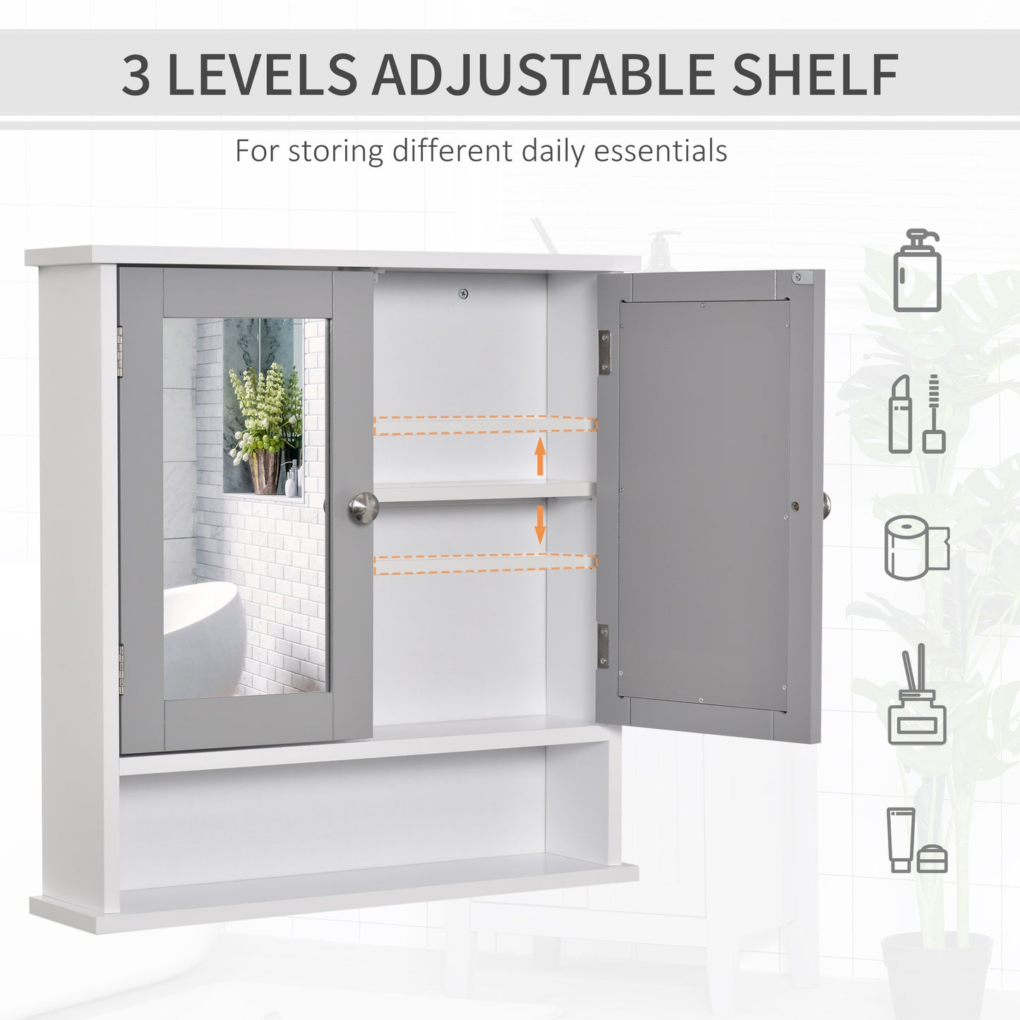 Armoire à pharmacie avec portes doubles, blanc et gris