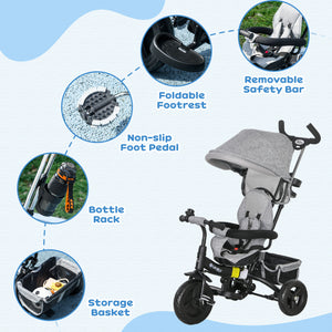 Tricycle 6 en 1 pour tout-petits avec panier, auvent, harnais de sécurité 5 points, gris