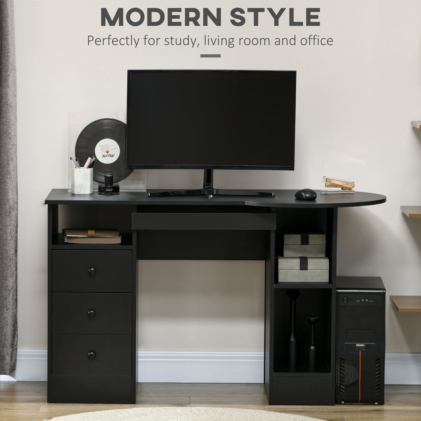 Bureau d'ordinateur avec étagères et tiroirs, plateau pour clavier, noir