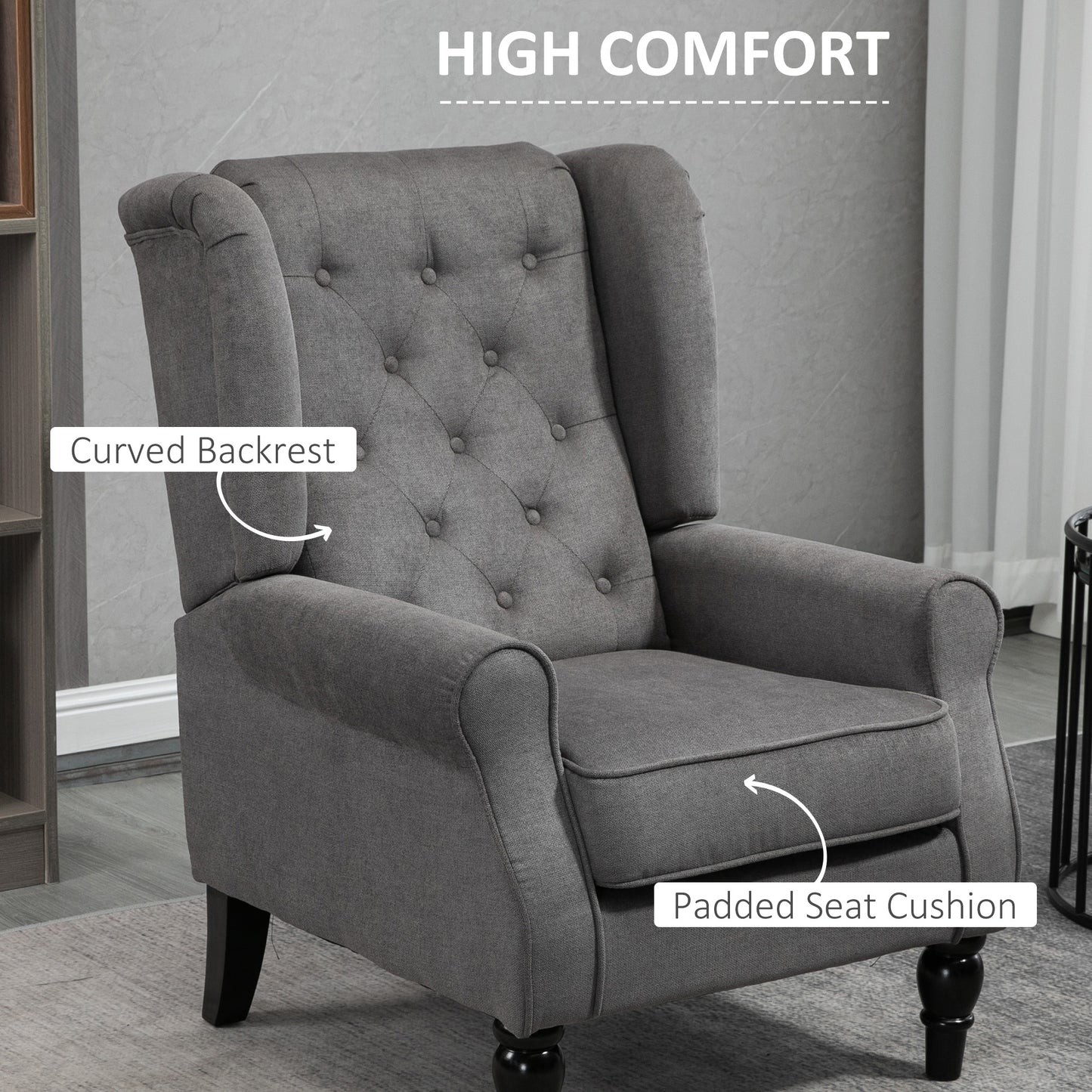Fauteuil d'appoint en tissu capitonné, pieds en bois, gris anthracite