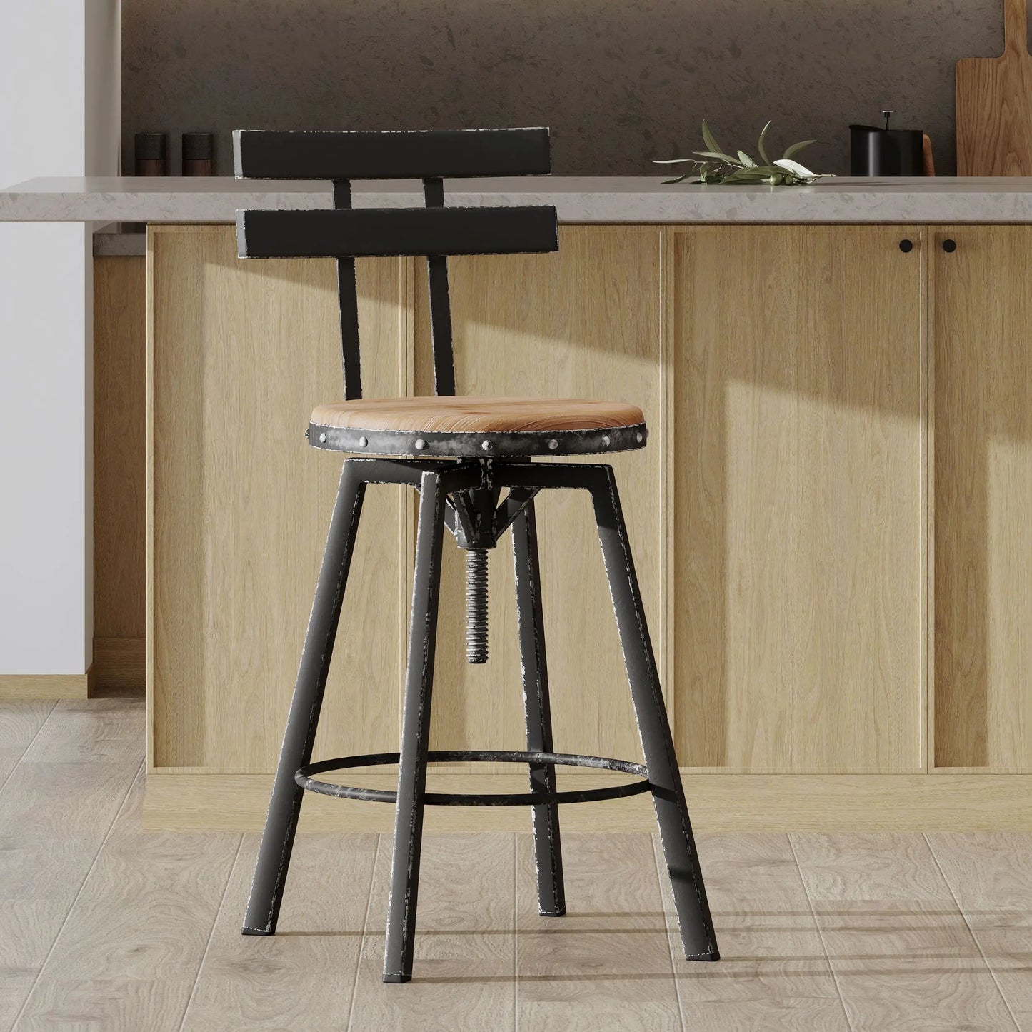 Adjustable metal bar stool with wooden seat, 360° swivel, antique black