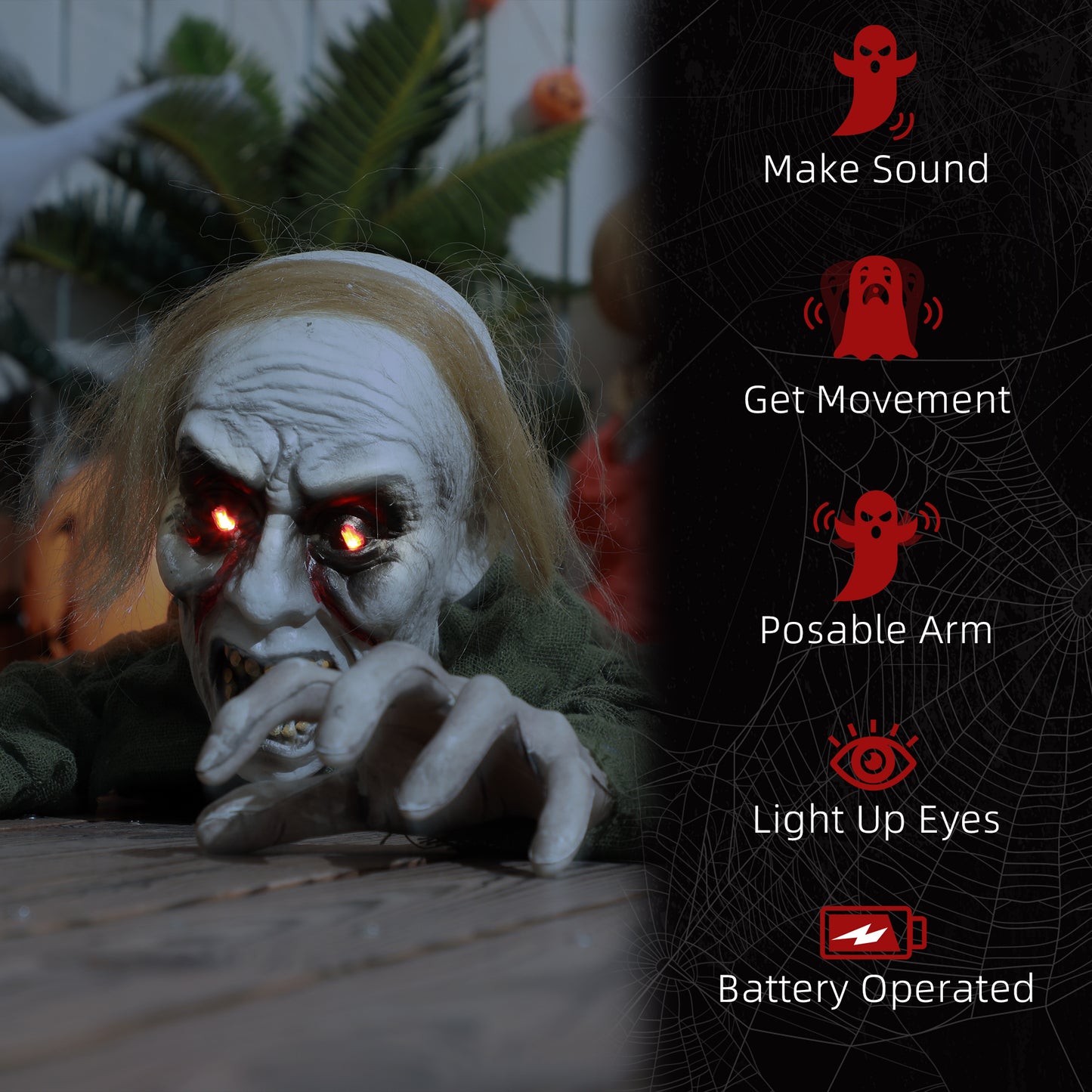 Décoration d'Halloween Zombie rampant, accessoire décoratif animé avec activation sonore et yeux lumineux
