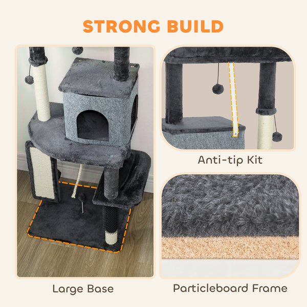 Arbre à chat de 132 cm avec griffoirs, panier, niche et brosse de toilettage, gris