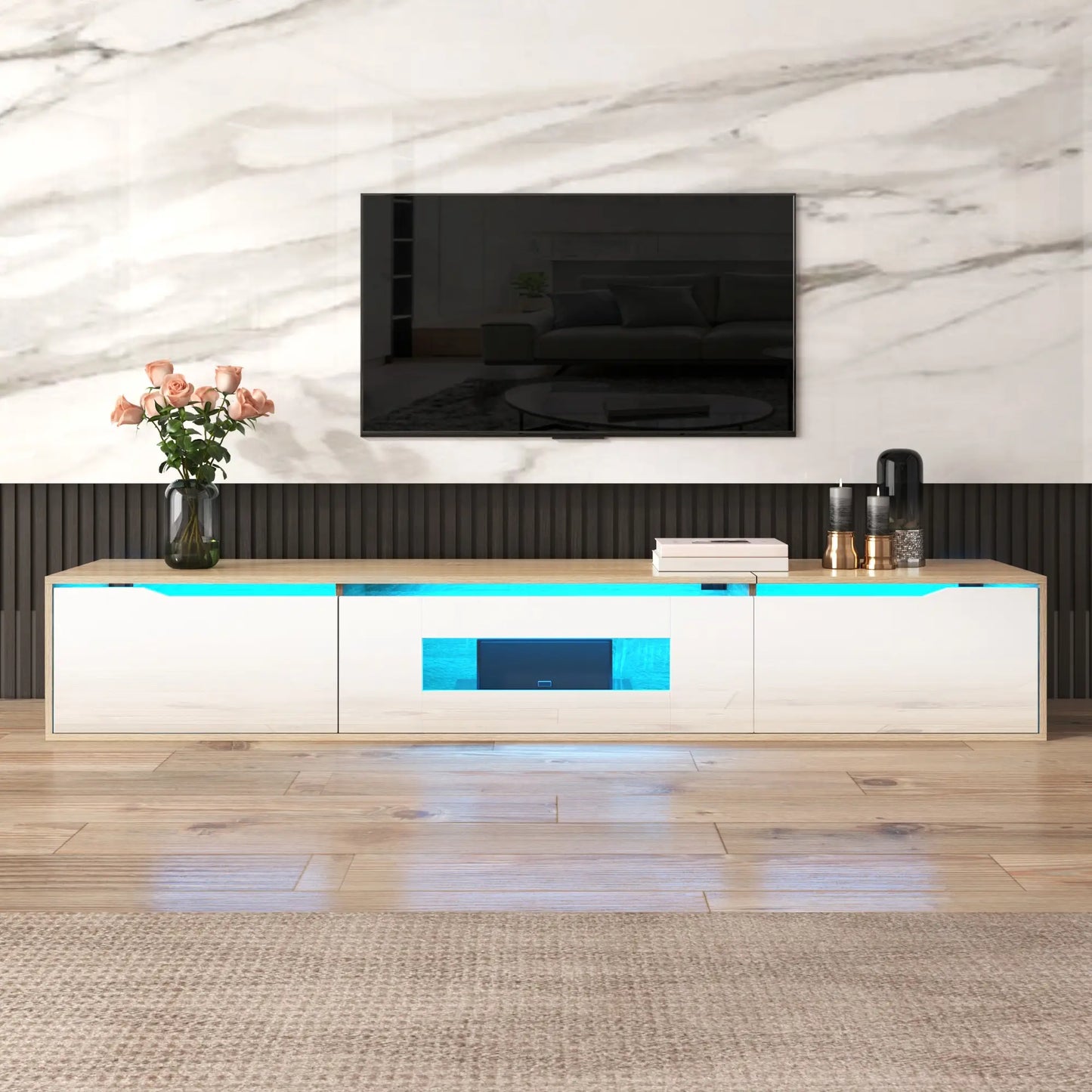 Meuble TV brillant avec éclairage LED, design moderne et options de montage polyvalentes, blanc et bois
