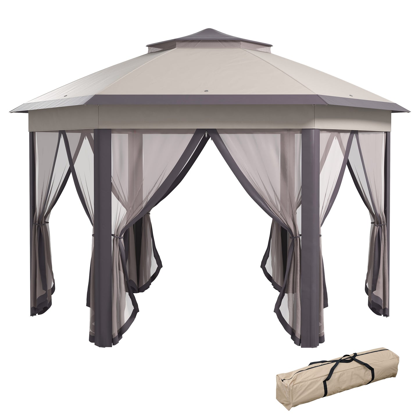 Gazebo pliant 13' x 13' avec filet et sac de transport, hexagonales, café et beige