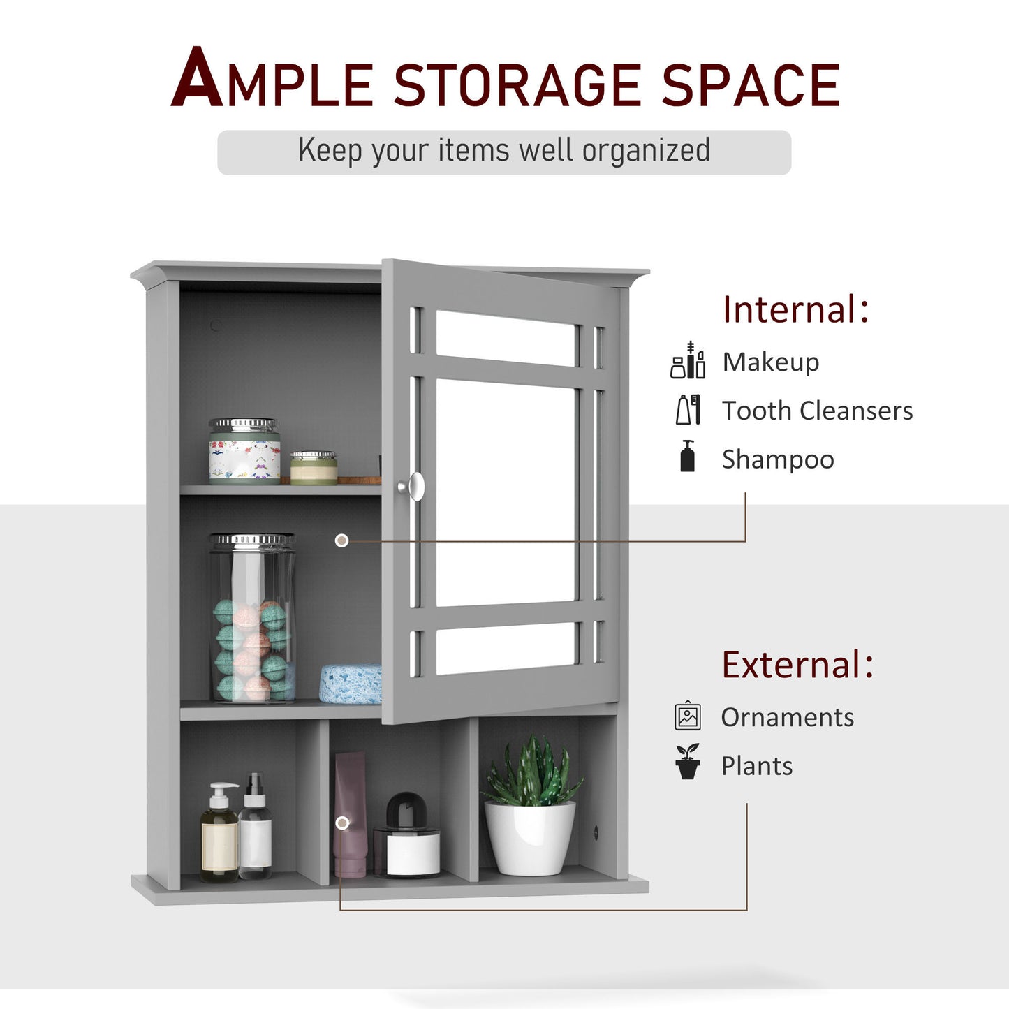 Armoire de salle de bain avec porte miroir et 3 étagères, gris