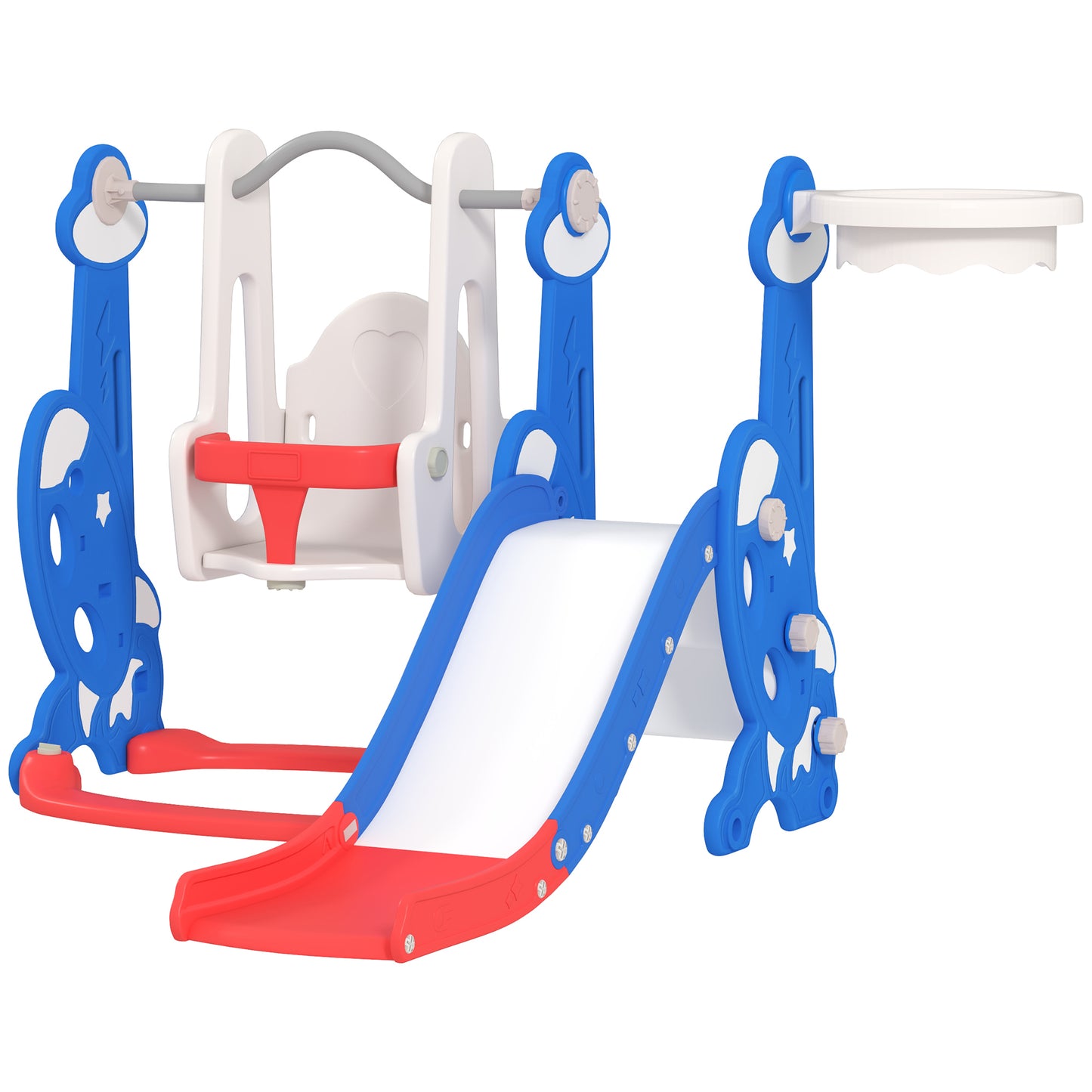 4-in-1 Slide and Swing Set with Basketball Hoop and Climber, for Boys and Girls Ages 1.5-4, Rocket Theme, Dark Blue