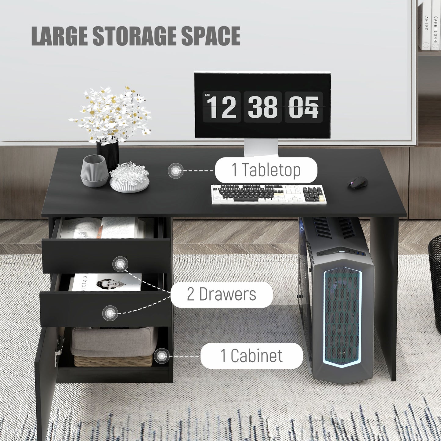 Computer Desk with Storage, Drawers and Cabinet for Home Office, Study Room, Black