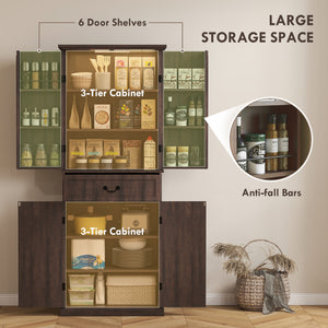 Country style storage unit with door shelves and LEDs, aged brown