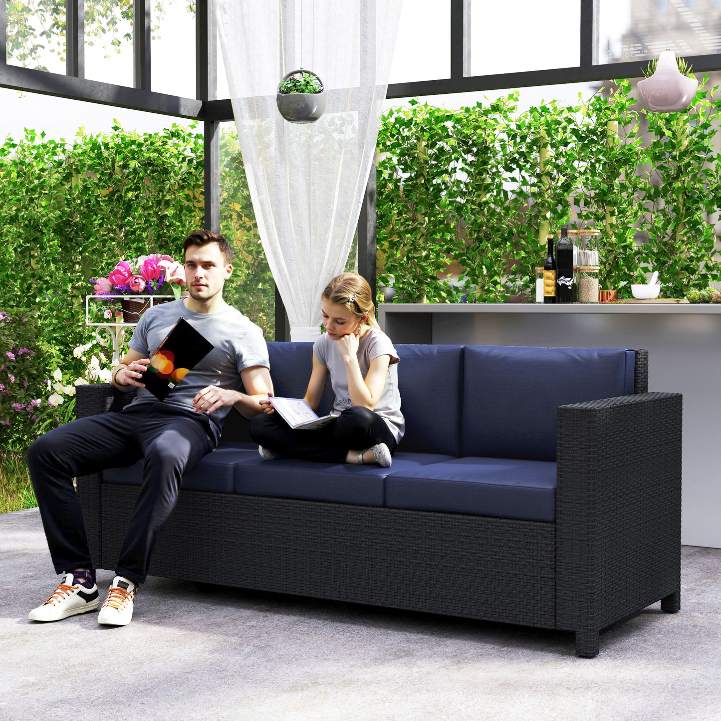 Canapé 3 places en rotin et osier, mobilier de jardin extérieur avec coussin, bleu marine