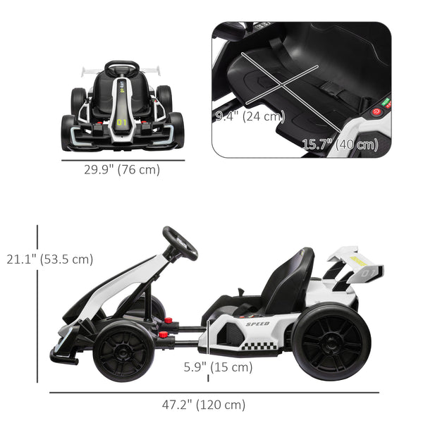 24V Electric Go-Kart with Adjustable Seat, Seat Belt, Horn, White