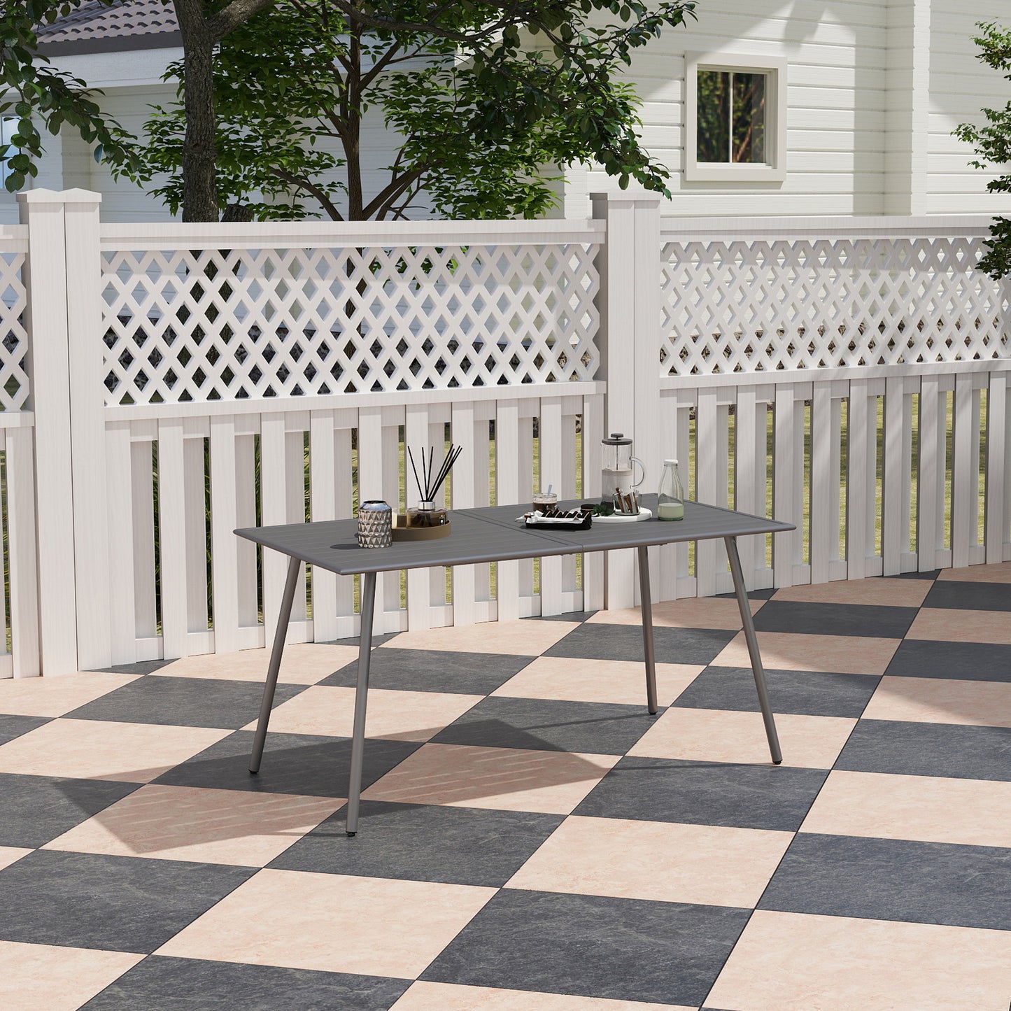 Outsunny Rectangular Dining Table for 6 People, Steel Slatted Outdoor Table for Lawn and Garden, 150 x 80 x 74 cm, Grey
