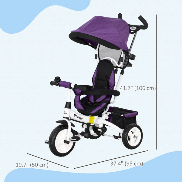 Tricycle 6 en 1 avec panier, auvent, harnais de sécurité 5 points, violet