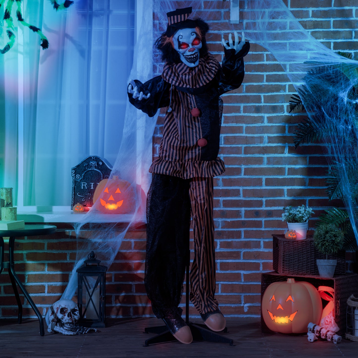 Clown grandeur nature 1,6 m, décoration d'Halloween d'extérieur avec yeux lumineux