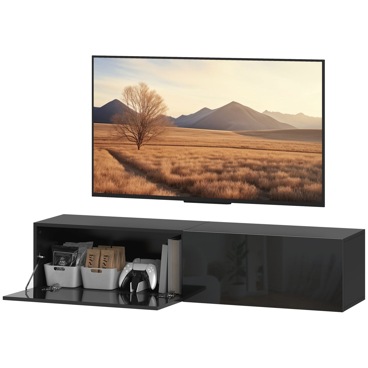 Meuble TV mural avec rangements pour téléviseurs 45, 55 et 65 pouces, noir