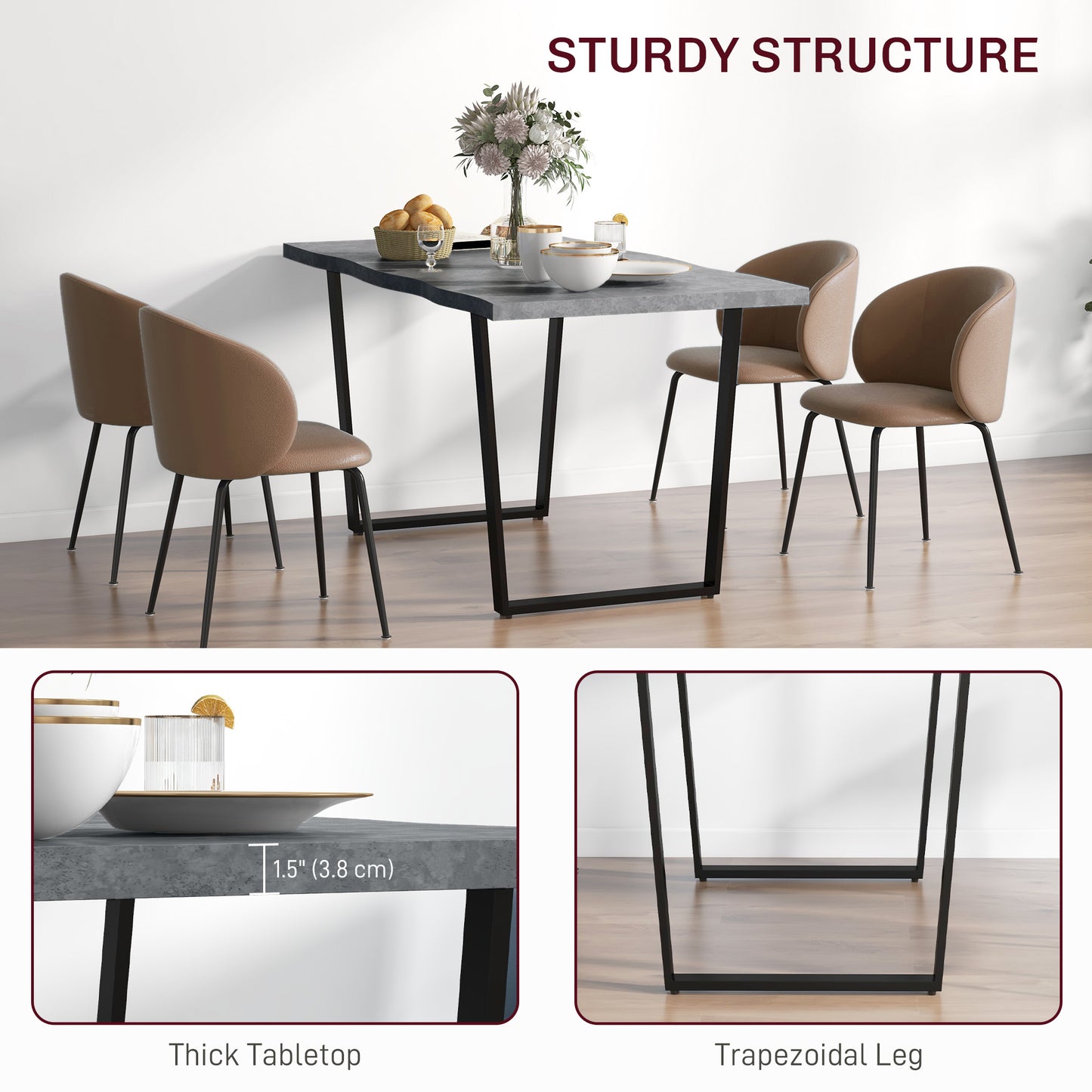 Table à manger industrielle avec plateau à bords ondulés et pieds en acier, pour 6 personnes maximum, gris ciment