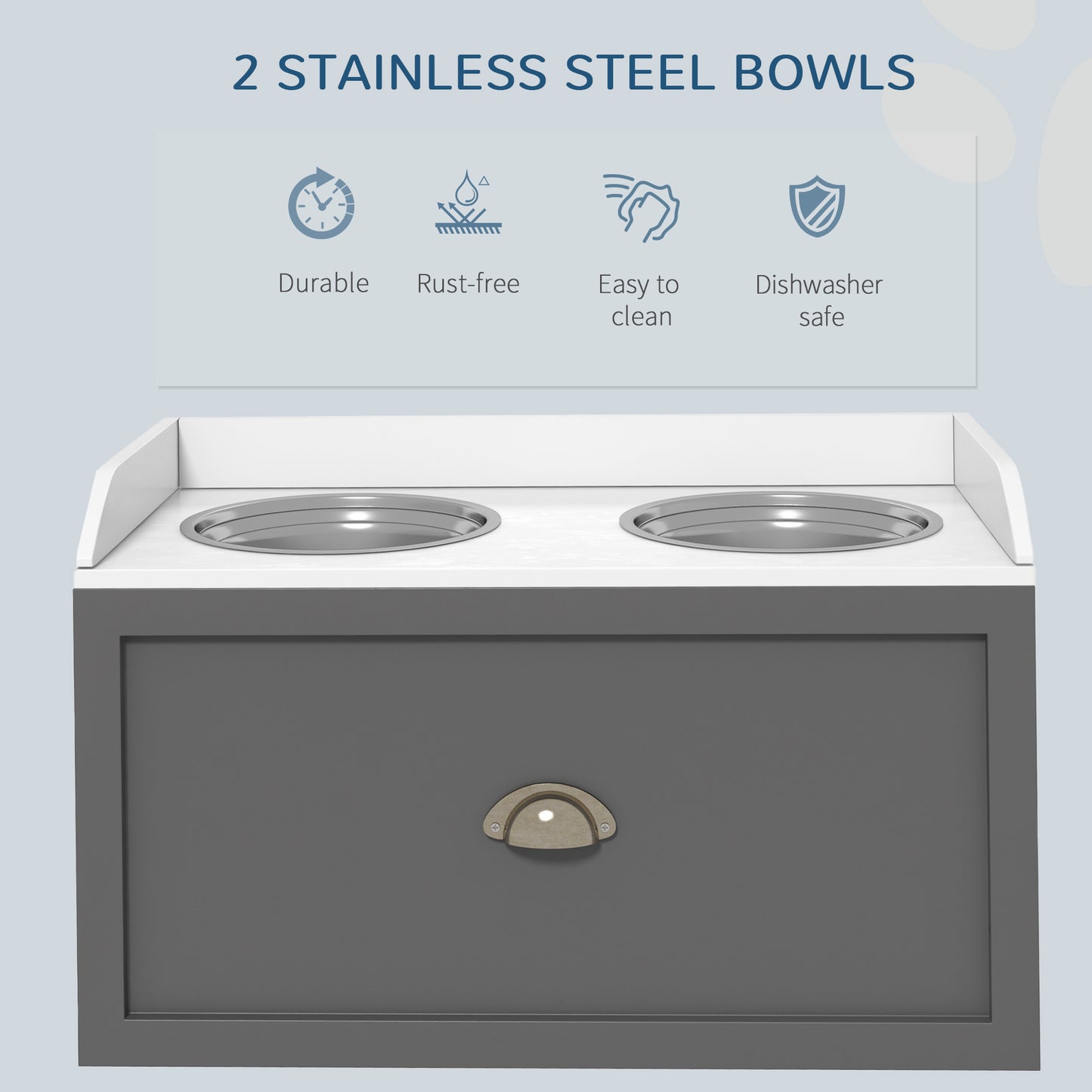 Gamelles surélevées avec tiroir de rangement avec 2 gamelles en acier inoxydable, gris