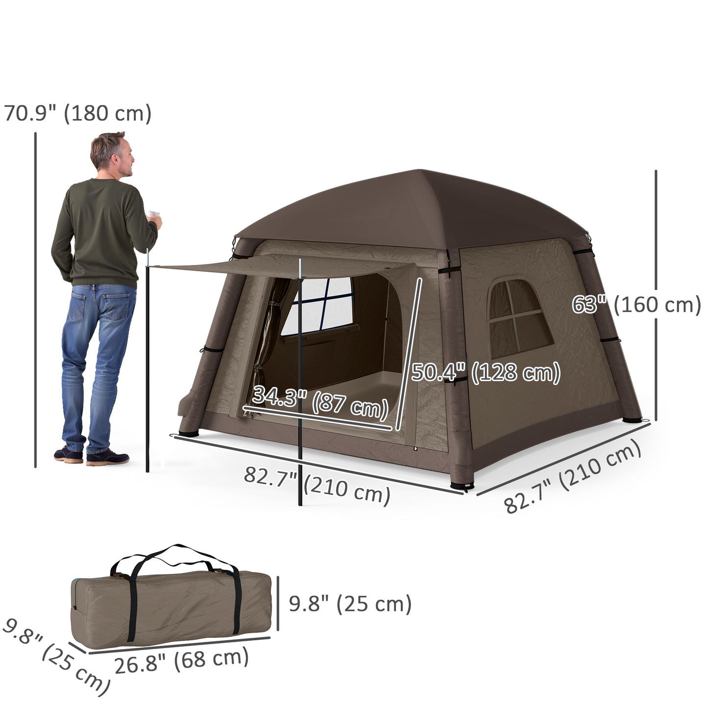 Outsunny Inflatable Camping Tent, 1-2 Person Camping Tent with Hand Pump, Inflatable Tent with Doors, Carry Bag, Khaki and Brown