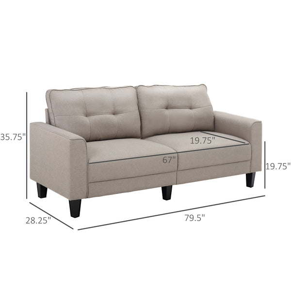 Canapé 3 places en lin avec assise rembourrée et pieds en bois, beige