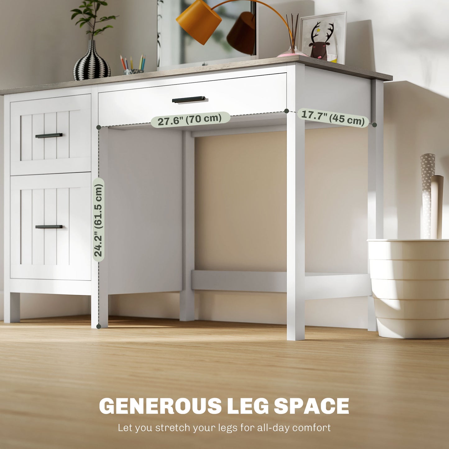 Country Style 3 Drawer Computer Desk with File Drawer and Wooden Top for Small Spaces, White