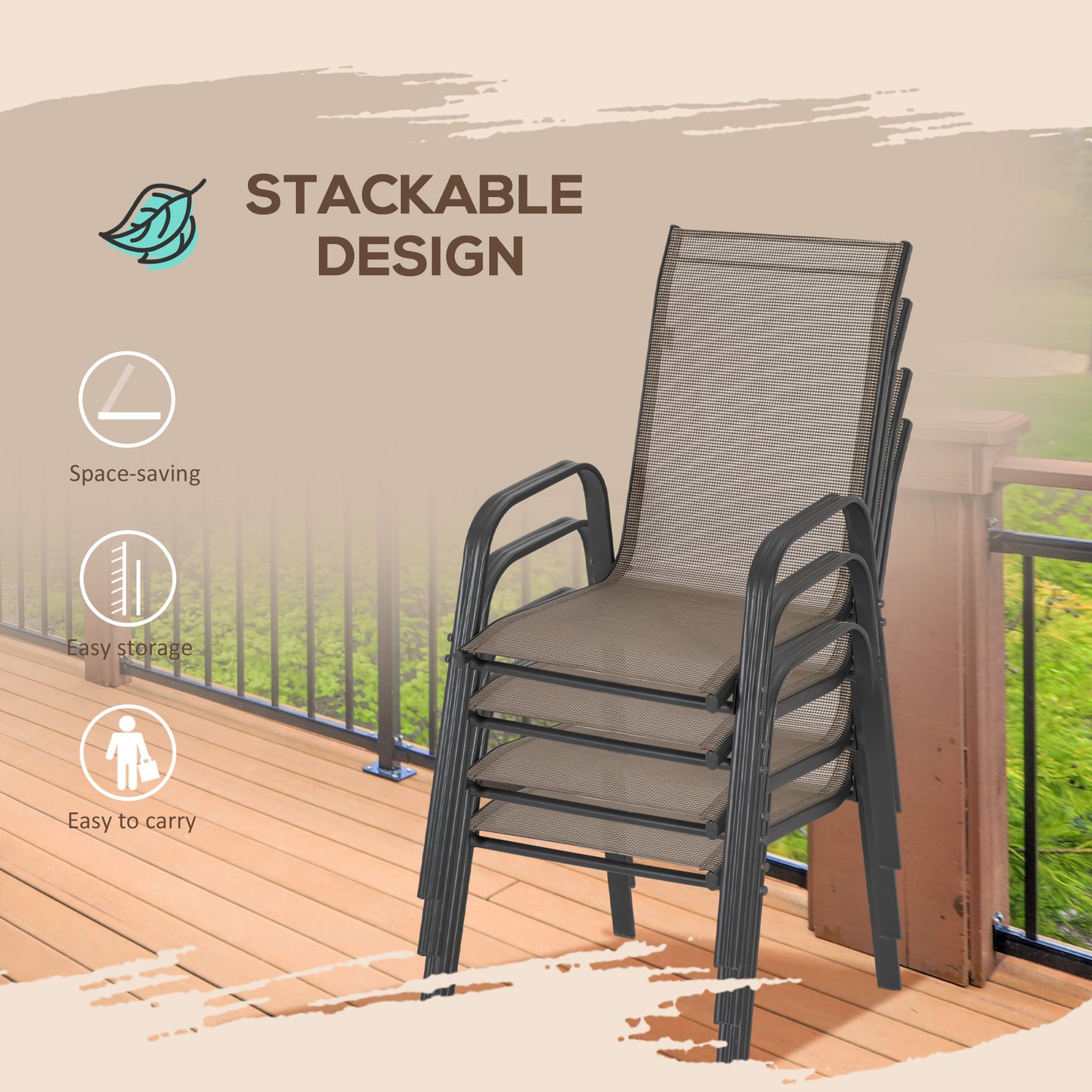 Outsunny Set of 4 Outdoor Dining Chairs, Sturdy Stackable Patio Chairs with Armrests for Balcony Garden, Grey