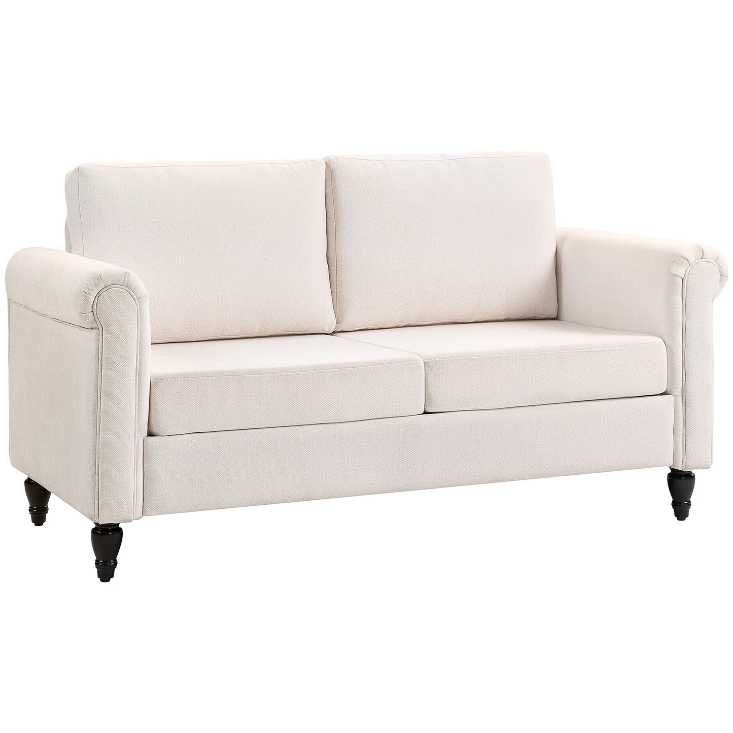 Vintage 2-seater upholstered sofa, chenille fabric, rolled armrests, rubberwood legs, cream white