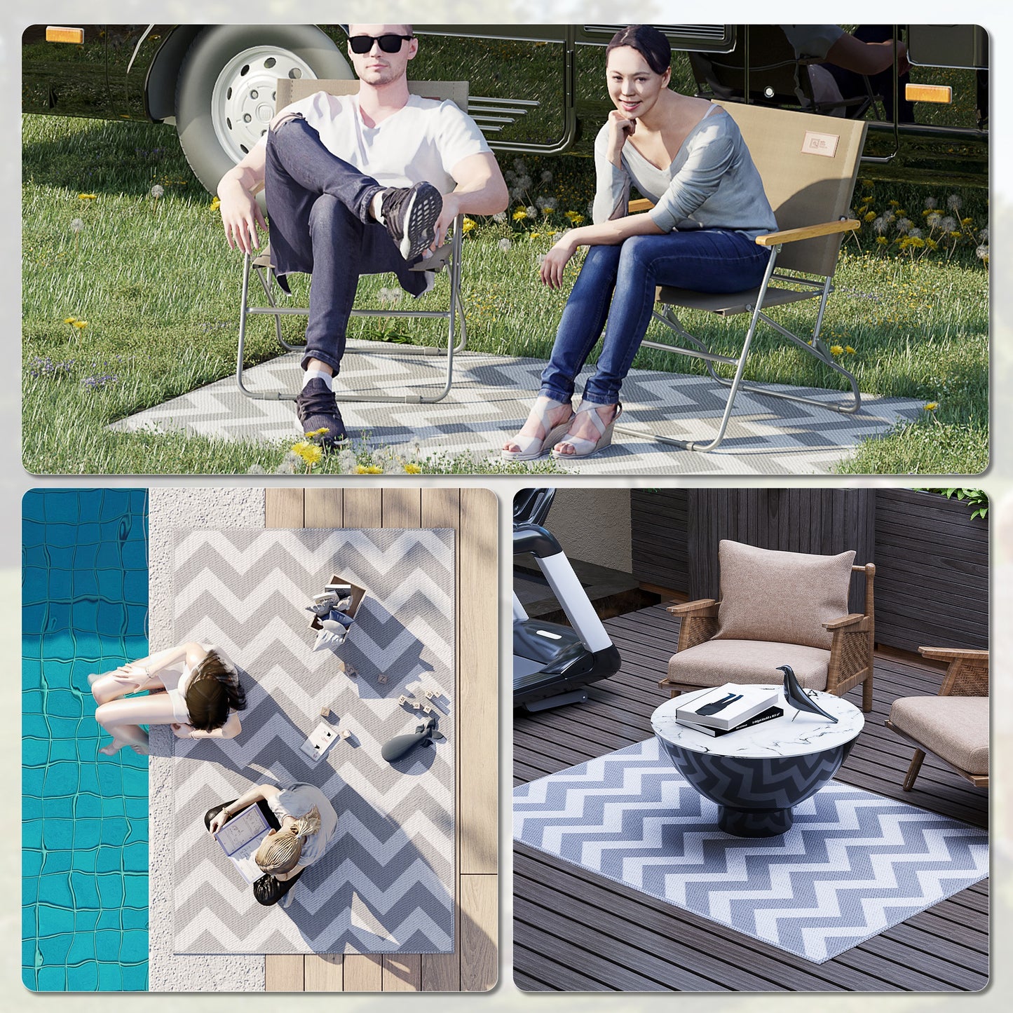 Reversible Outdoor Patio Rug, 4' x 6' Plastic Straw Mat for Garden, Patio, Beach, Camping, Gray and White