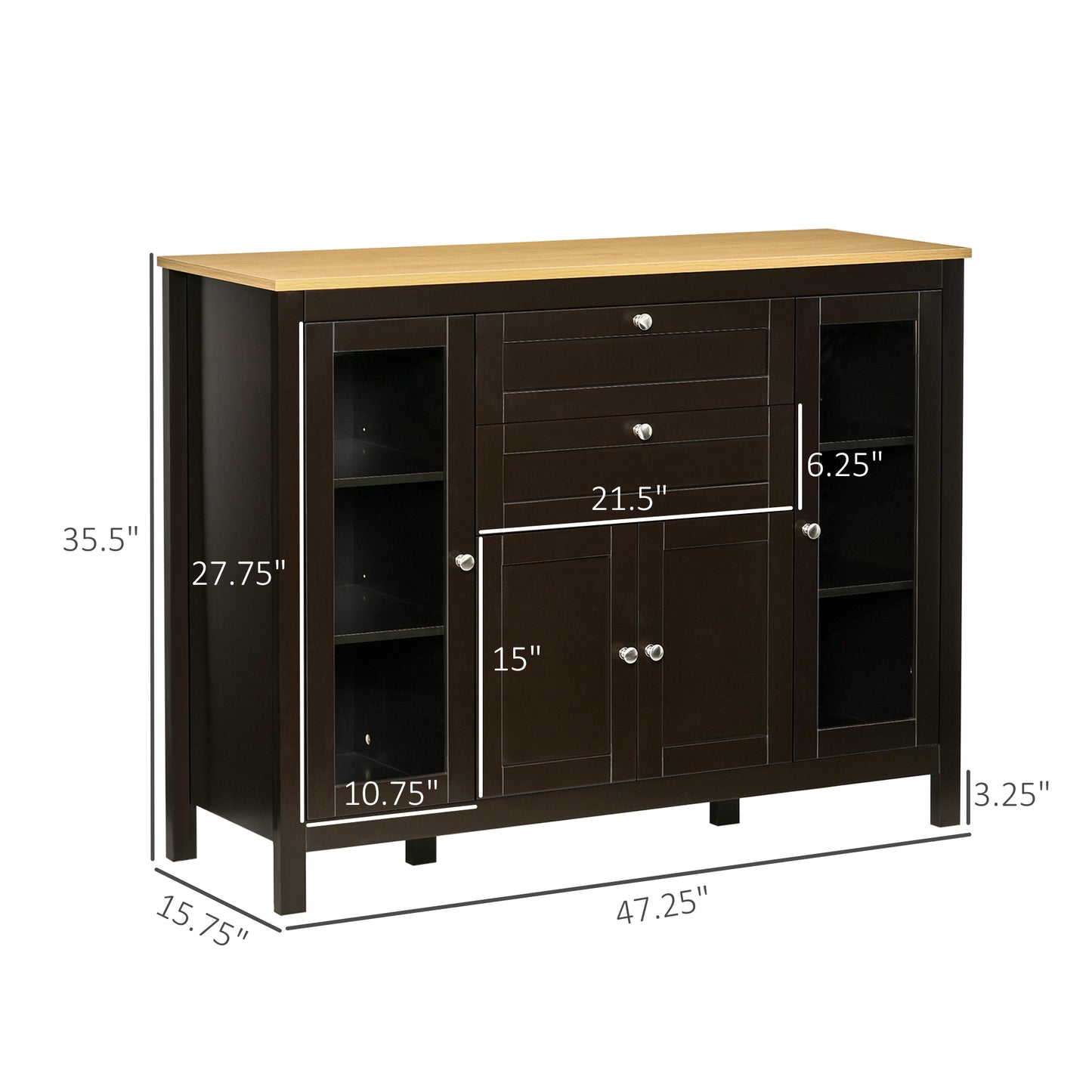 HOMCOM sideboard with 2 drawers, 3 storage spaces, glass doors and adjustable shelves, dark brown