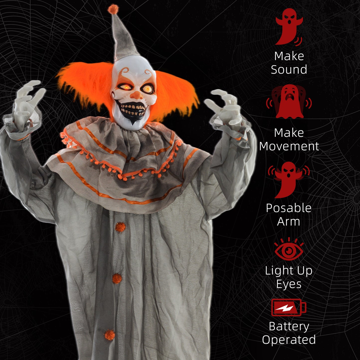 Clown classique orange grandeur nature 1,80 m, décoration d'Halloween d'extérieur, animatronique, activé par le son et le mouvement, avec yeux lumineux