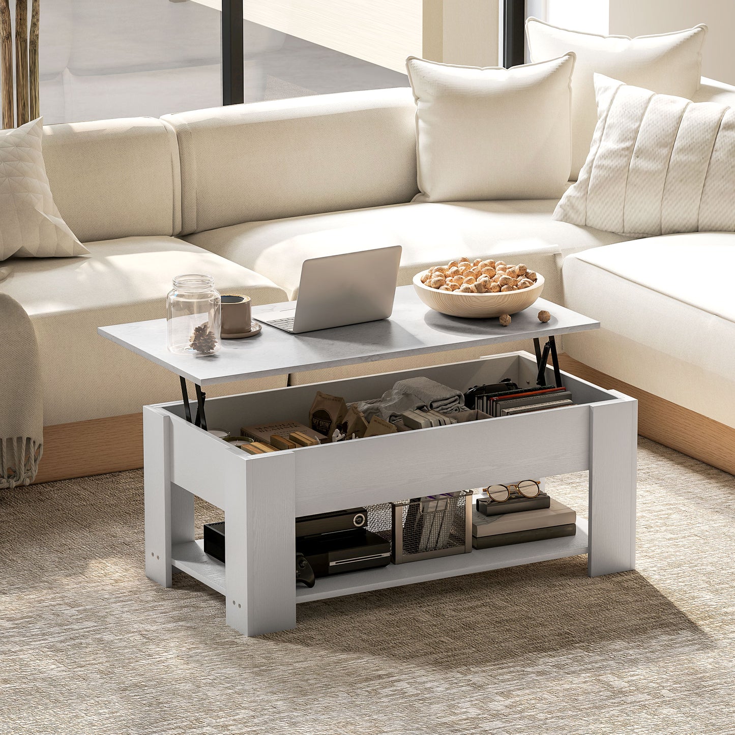 Table basse relevable avec compartiment de rangement dissimulé et étagère ouverte, blanche