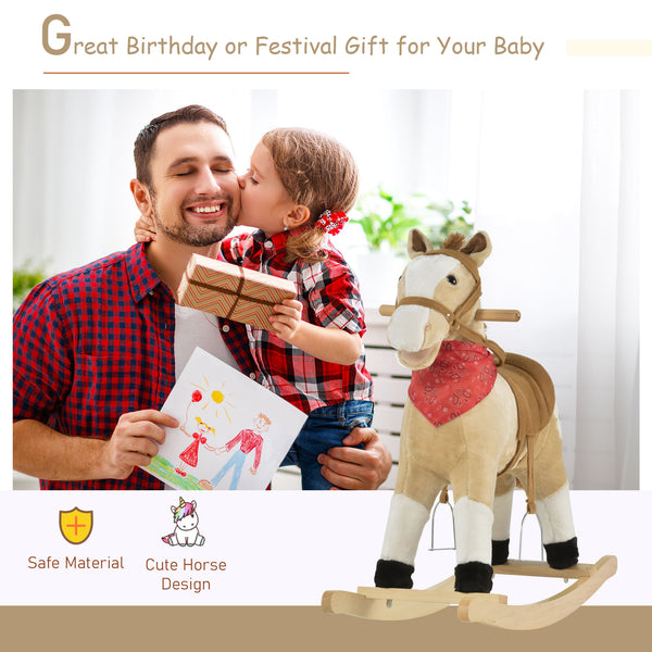 Cheval à bascule en peluche, style cowboy, avec sons réalistes et amusants, beige