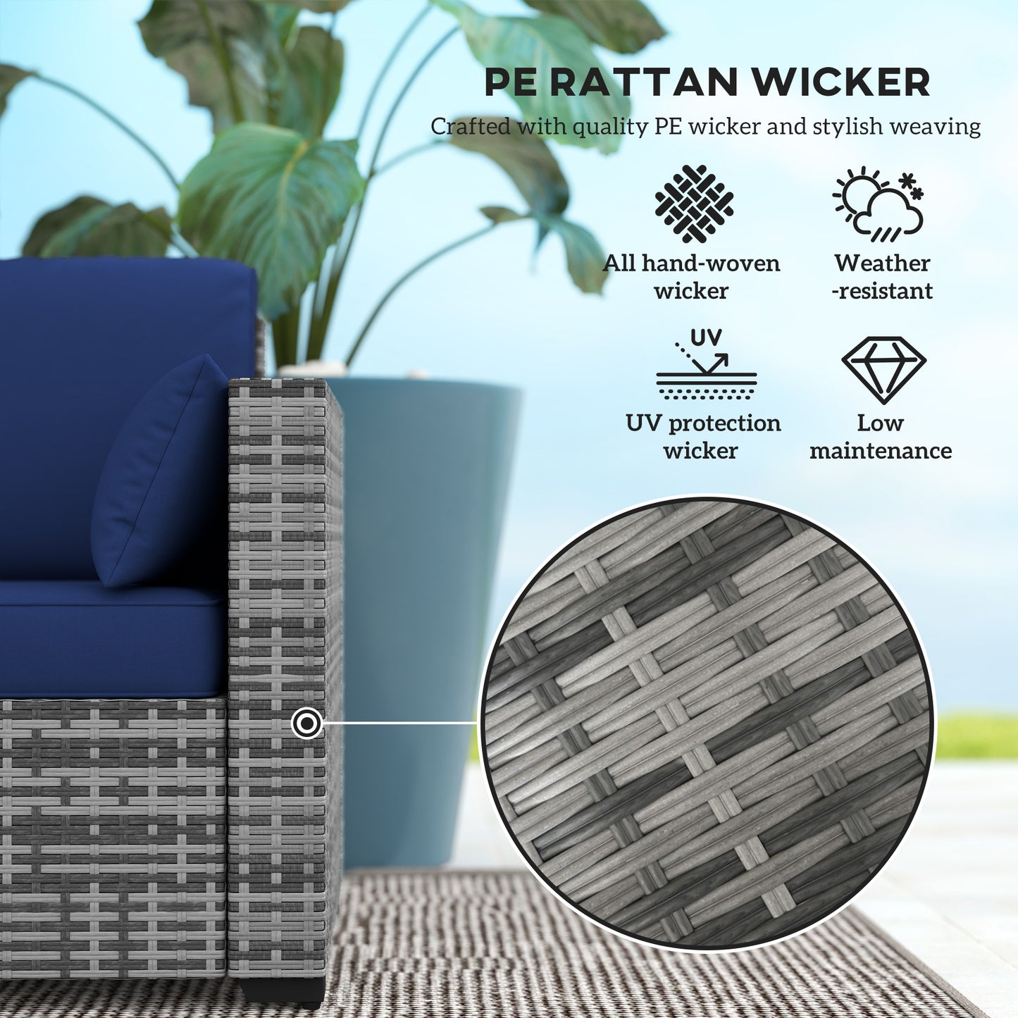 Outsunny 3 Seater Outdoor Sofa with Cushions, Synthetic Rattan Garden Sofa with Cushions for Garden, Poolside, Dark Blue