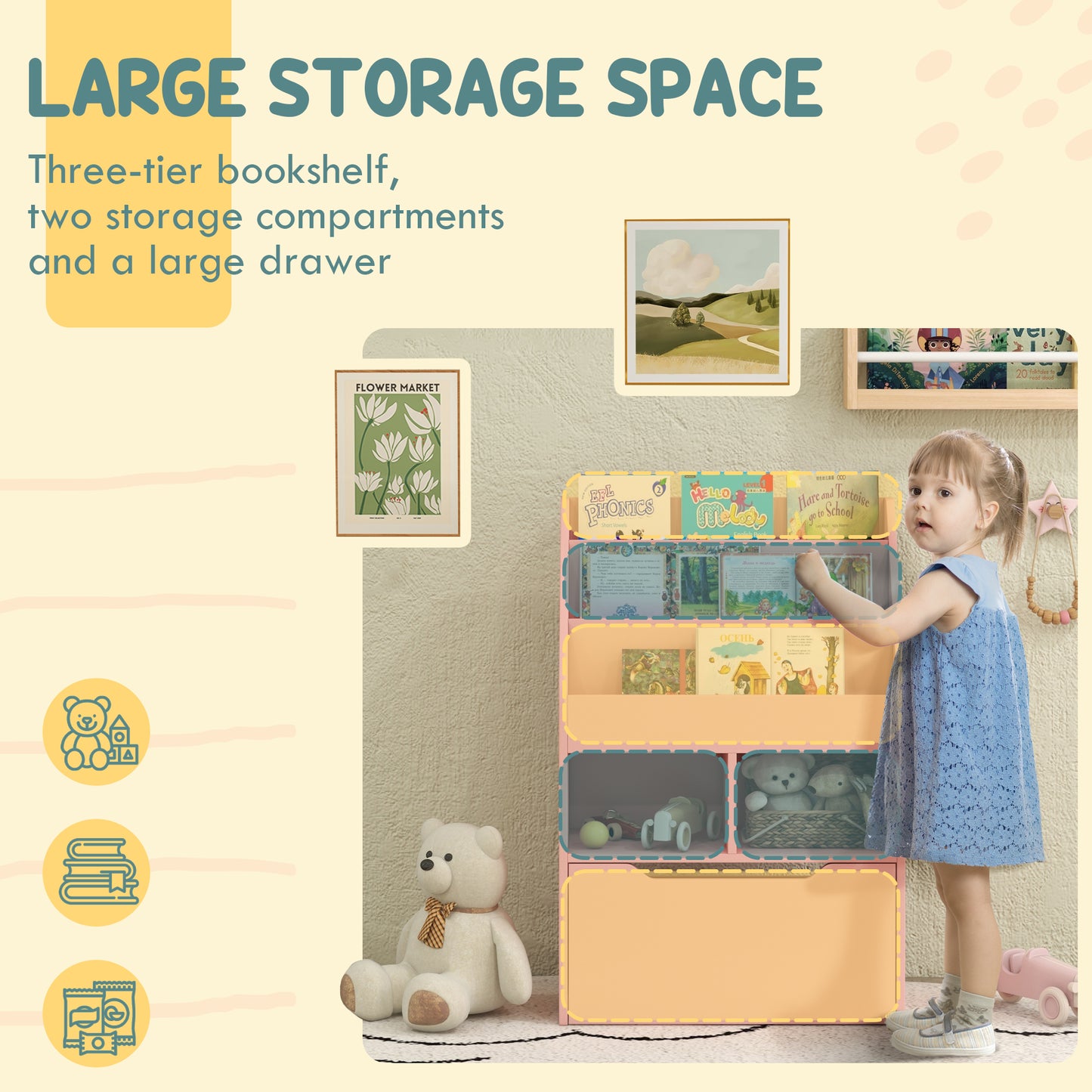 Bibliothèque pour enfants avec tiroir de rangement pour livres, coin lecture, rose