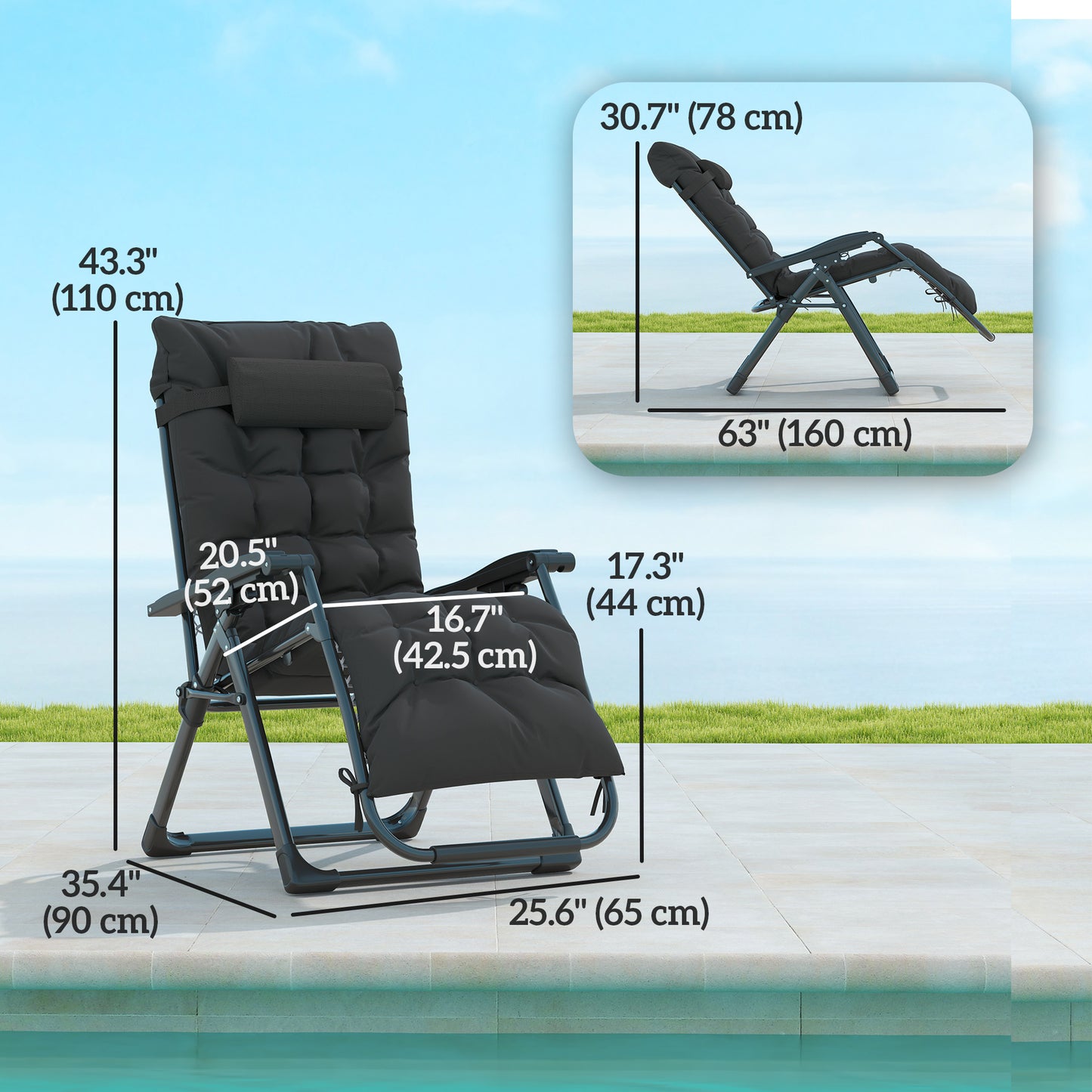 Outsunny Set of 2 Folding Garden Chairs, Zero Gravity Reclining, Sun Lounger with Cushion and Headrest, Black
