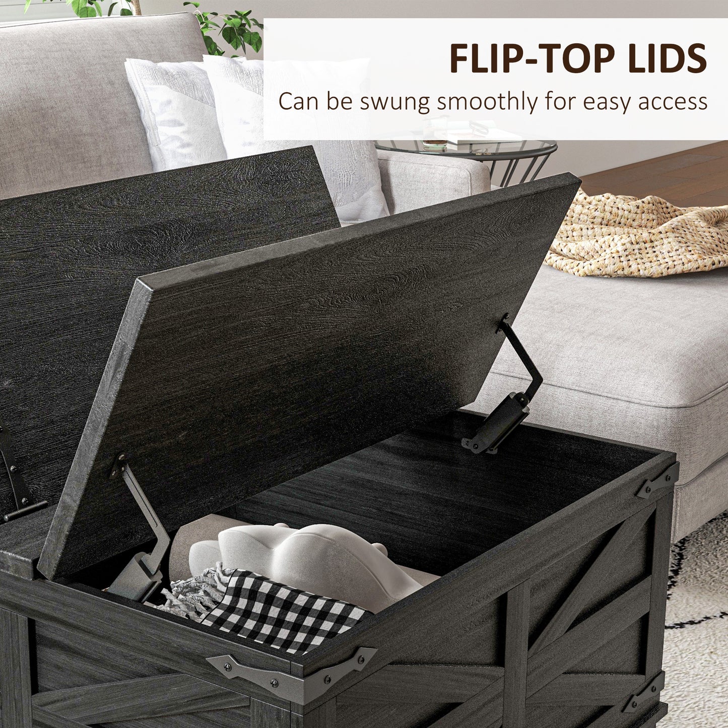 Table basse Farmhousemavec couvercles rabattables, compartiment de rangement dissimulé, noire