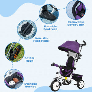 Tricycle 6 en 1 avec panier, auvent, harnais de sécurité 5 points, violet