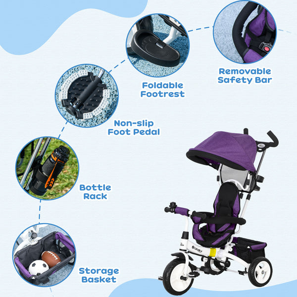 Tricycle 6 en 1 avec panier, auvent, harnais de sécurité 5 points, violet