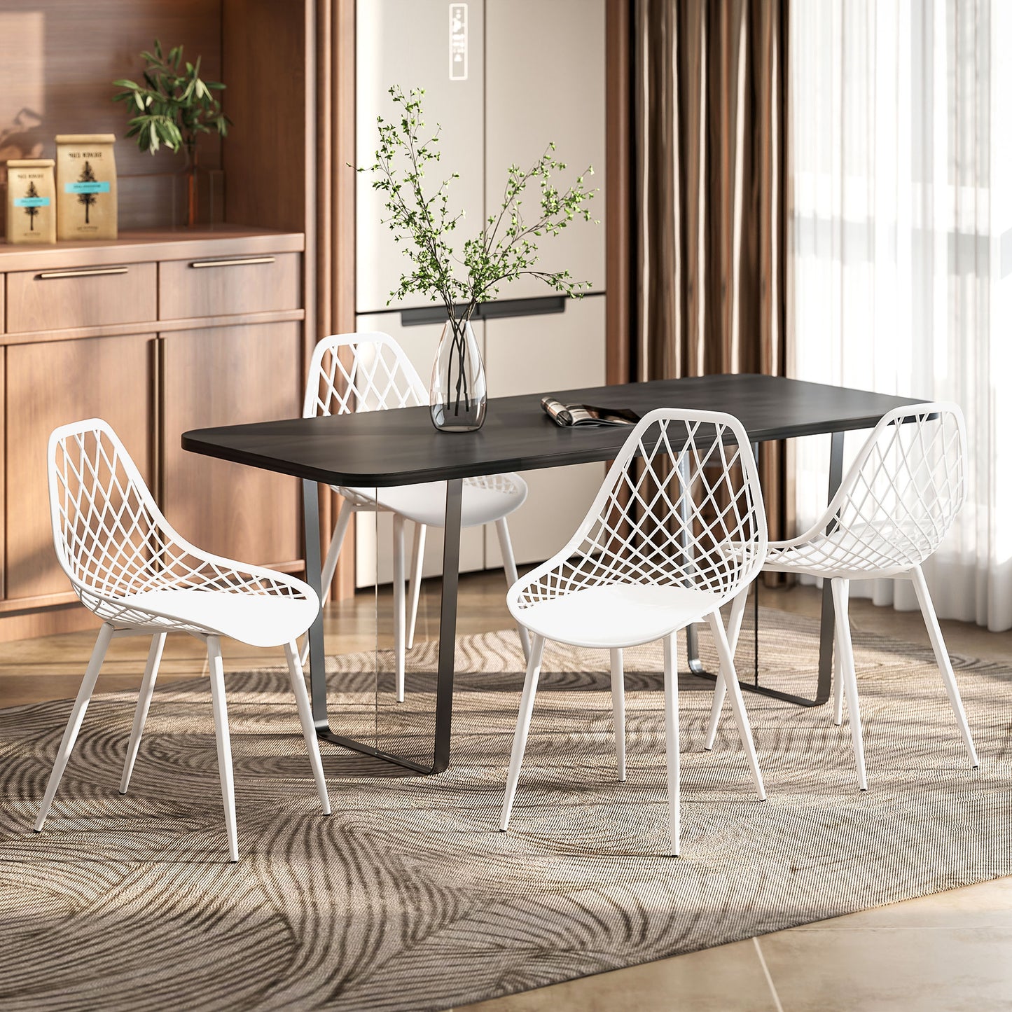 Lot de 4 chaises de salle à manger modernes en plastique avec dossier creux et pieds en métal, blanches
