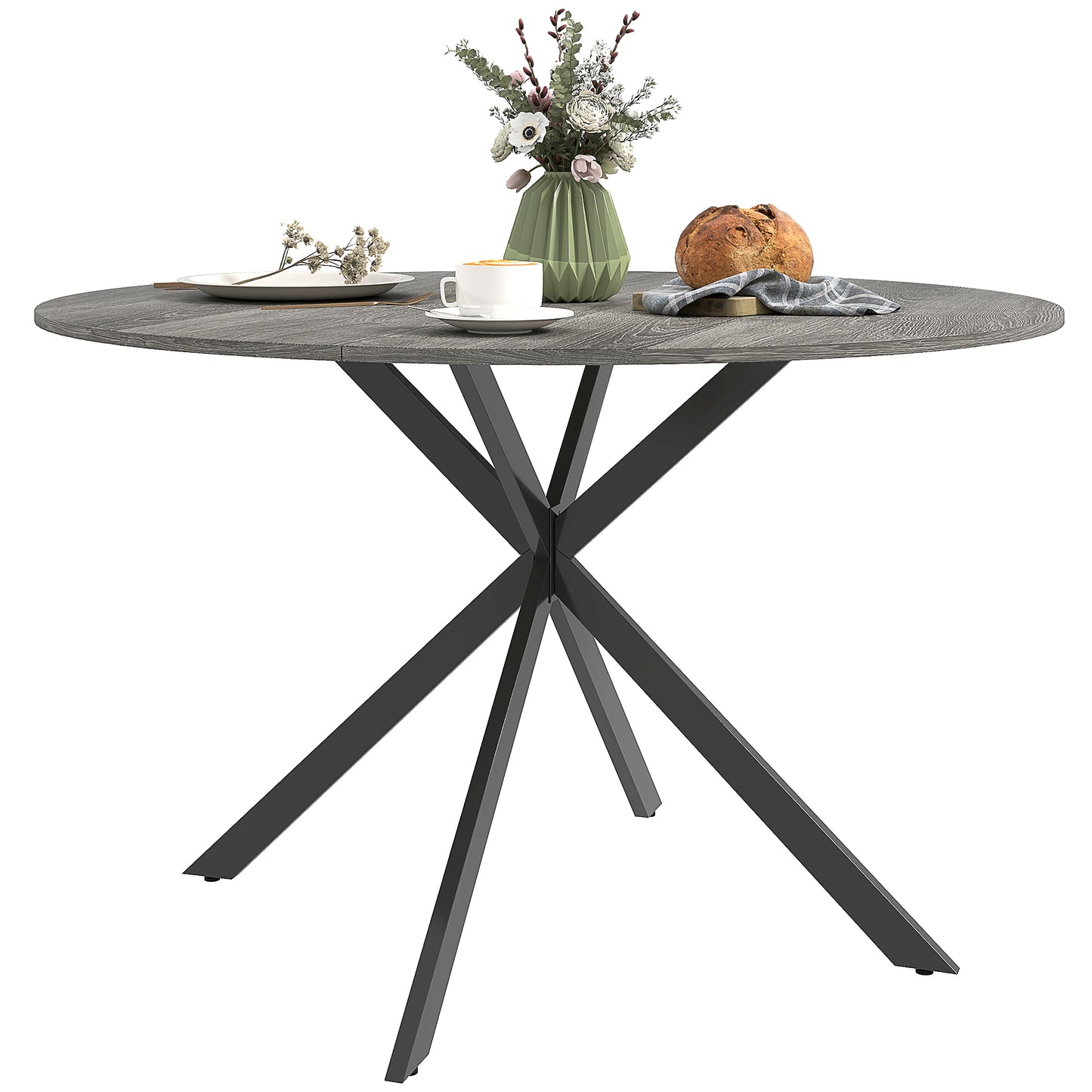 Table de cuisine ronde pour 4 personnes avec pieds en acier, grain de bois gris et noir