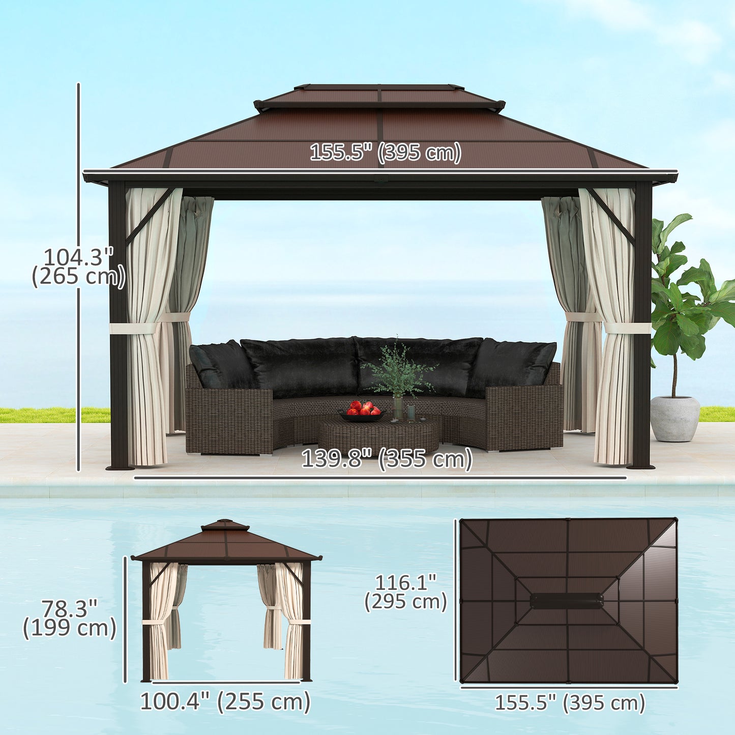 Gazebo 10' x 13' à toit rigide avec double toit en polycarbonate UPF30+, cadre en aluminium, filet et rideaux, Beige