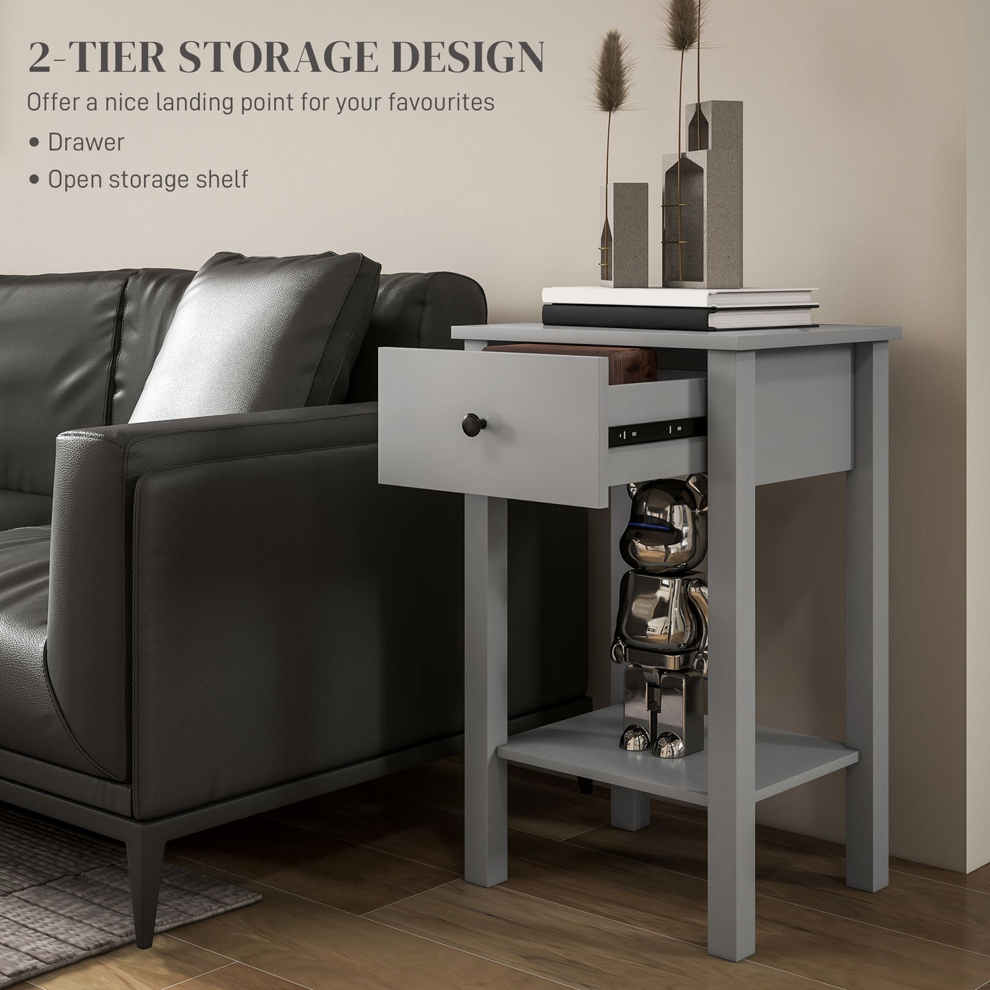 Lot de 2 tables d'appoint avec tiroir et étagère inférieure, table de chevet à 2 niveaux, salon, gris