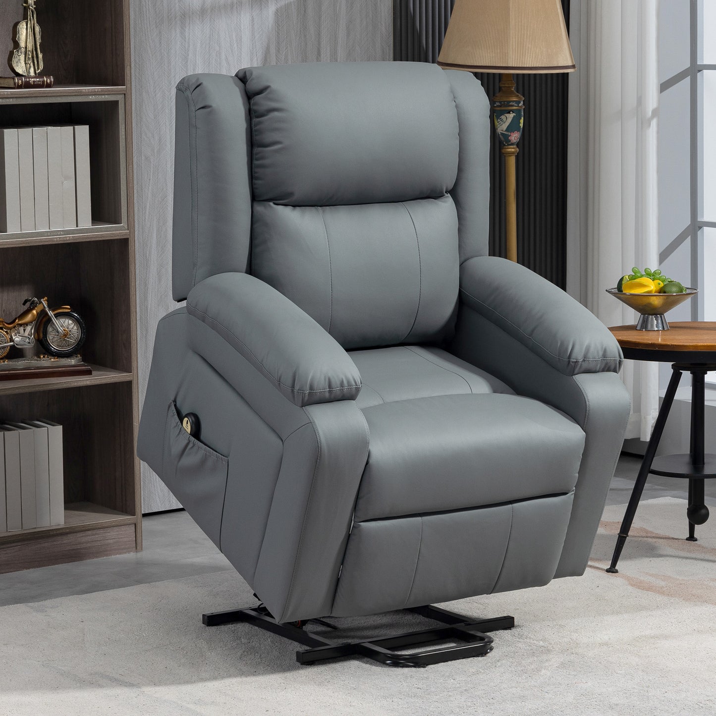 Fauteuil releveur électrique en cuir synthétique avec télécommande, poches latérales, montage rapide, gris