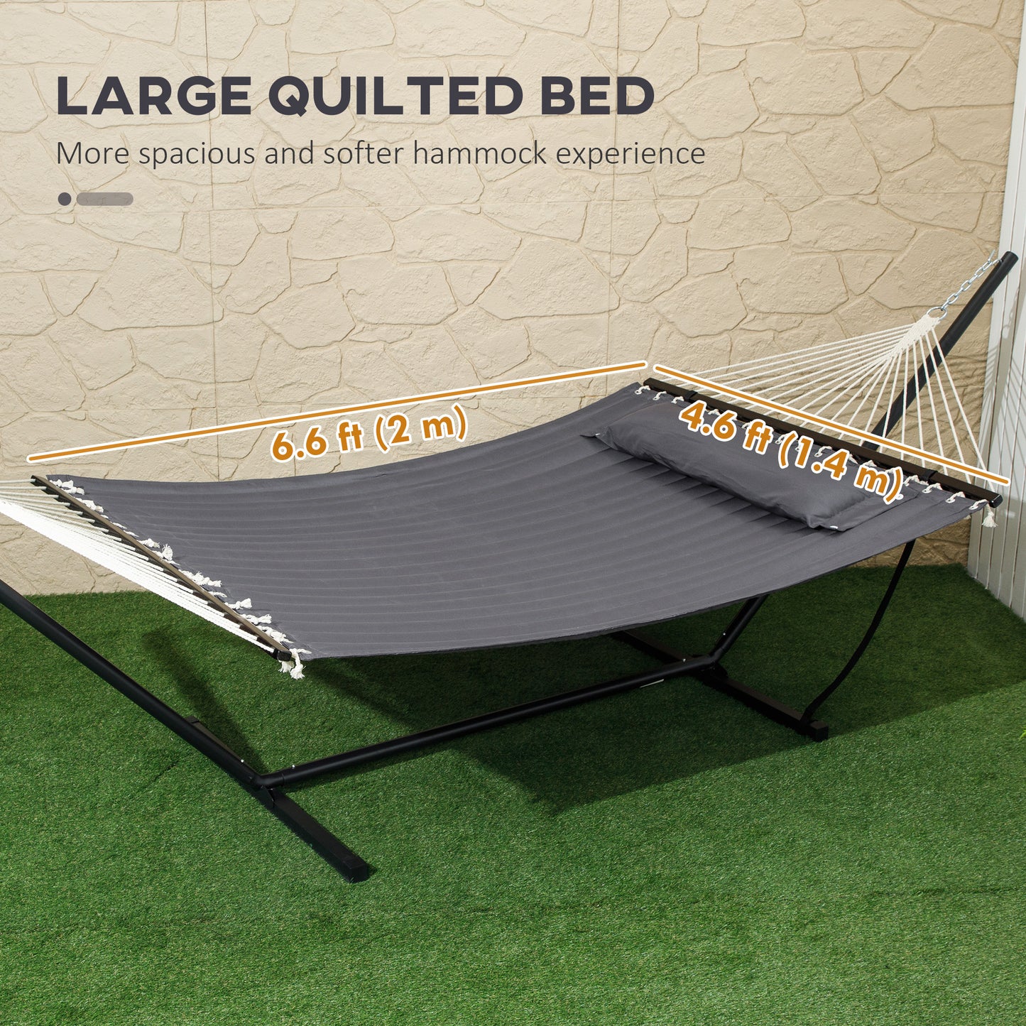 Hamac Outsunny pour 2 personnes, matelassé, double, avec support, oreiller et barres d'écartement, pour camping en plein air, plage, gris foncé
